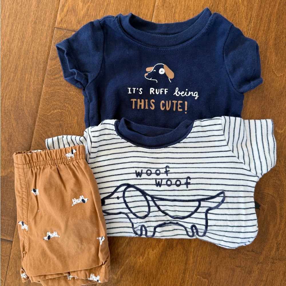Carters Baby Dog Graphic Bodysuits/shirt with Tan Puppy shorts bundle